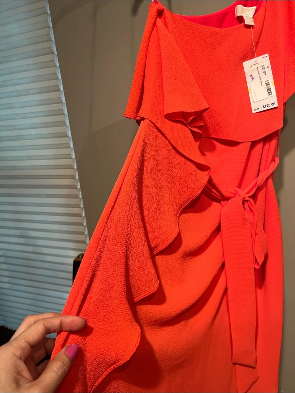 Michael Kors One-Shoulder Ruffle Tie-Waist Dress - Coral